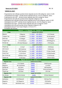 Programmation De La 09 Ème Journée Division Régionale Une (A Et B) Catégories Senior Et U20