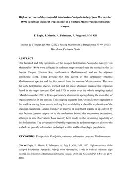 High Occurrence of the Elasipodid Holothurian Penilpidia Ludwigi (Von Marenzeller, 1893) in Bathyal Sediment Traps Moored in a Western Mediterranean Submarine Canyon