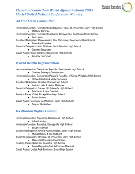 Cleveland Council on World Affairs Autumn 2019 Model United Nations Conference Winners