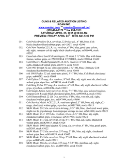 (570)494-0170 ** Fax 494-1911 SATURDAY APRIL 25, 2015 @10:00 AM PREVIEW: FRIDAY APRIL 24Th 10:00 AM -5:00 PM