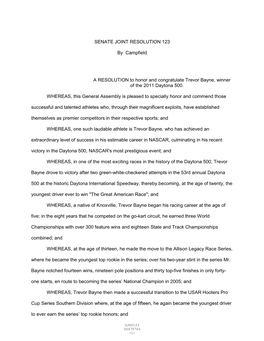 SENATE JOINT RESOLUTION 123 by Campfield a RESOLUTION to Honor and Congratulate Trevor Bayne, Winner of the 2011 Daytona 500