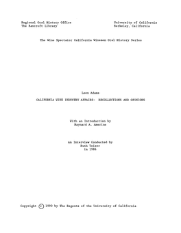 Regional Oral History Office the Bancroft Library University of California Berkeley, California the Wine Spectator California Wi