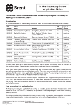 In Year Secondary School Application: Notes