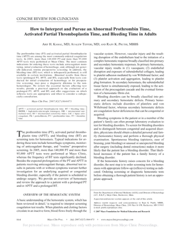 How to Interpret and Pursue an Abnormal Prothrombin Time, Activated Partial Thromboplastin Time, and Bleeding Time in Adults