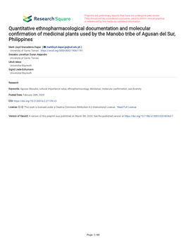 Quantitative Ethnopharmacological Documentation and Molecular Confirmation of Medicinal Plants Used by the Manobo Tribe of Agusa