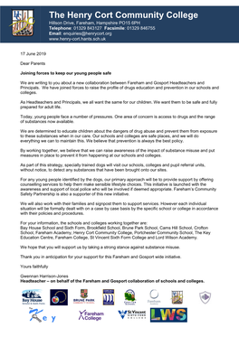 The Henry Cort Community College Hillson Drive, Fareham, Hampshire PO15 6PH Telephone: 01329 843127 Facsimile: 01329 846755 Email: Enquiries@Henrycort.Org