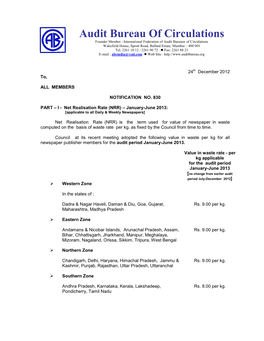 Net Realisation Rate (NRR) – January-June 2013: [Applicable to All Daily & Weekly Newspapers]