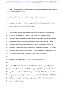 Expected Impacts of Climate Change on Tree Ferns Distribution and Diversity Patterns 2 in Subtropical Atlantic Forest 3