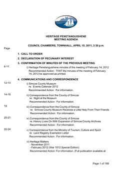 HERITAGE PENETANGUISHENE MEETING AGENDA COUNCIL CHAMBERS, TOWNHALL, APRIL 10, 2011, 3:30 P.M. Page 1. CALL to ORDER 2. DECLARAT