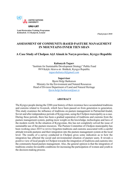 Assessment of Community-Based Pasture Management in Mountains Inner Tien Shan