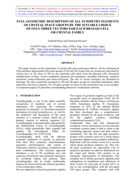 Full Geometric Description of All Symmetry Elements of Crystal Space Groups by the Suitable Choice of Only Three Vectors for Each Bravais Cell Or Crystal Family