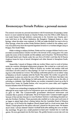 Kwementyaye Perrurle Perkins: a Personal Memoir