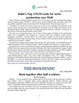India's Nag ATGM Ready for Series Production, Says Mod Back
