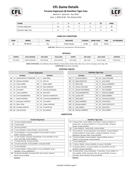 CFL Game Details Toronto Argonauts @ Hamilton Tiger-Cats Week #-2 - Game #3 - Year 2018 June 1, 2018-19:30 - Tim Hortons Field