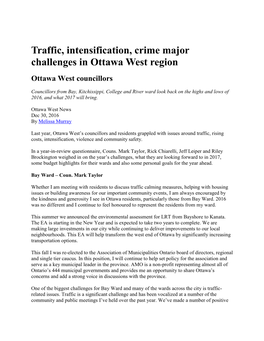 Traffic, Intensification, Crime Major Challenges in Ottawa West Region Ottawa West Councillors