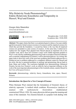 Eidetic-Relativistic Kinesthetics and Temporality in Husserl, Weyl and Einstein