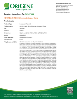 KCNK18 (NM 181840) Human Untagged Clone Product Data