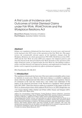 A First Look at Incidence and Outcomes of Unfair Dismissal Claims Under Fair Work, Workchoices and the Workplace Relations Act