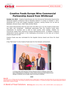 Creative Foods Europe Wins Commercial Partnership Award from Whitbread