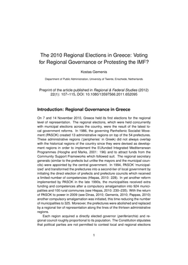 The 2010 Regional Elections in Greece: Voting for Regional Governance Or Protesting the IMF?