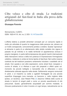 Cibo Veloce E Cibo Di Strada. Le Tradizioni Artigianali Del Fast-Food in Italia Alla Prova Della Globalizzazione Giuseppe Parente