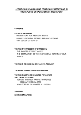 Political Prisoners and Political Persecutions in the Republic of Kazakhstan» 2019 Report