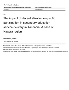 The Impact of Decentralization on Public Participation in Secondary Education Service Delivery in Tanzania: a Case of Kagera Region