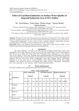 Effect of Coal Based Industries on Surface Water Quality of Singrauli Industrial Area of M.P