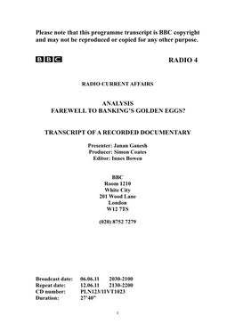 Please Note That This Programme Transcript Is BBC Copyright and May Not Be Reproduced Or Copied for Any Other Purpose