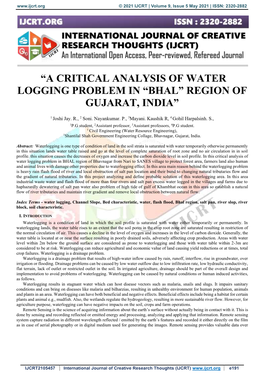 “A Critical Analysis of Water Logging Problem in “Bhal” Region of Gujarat, India”