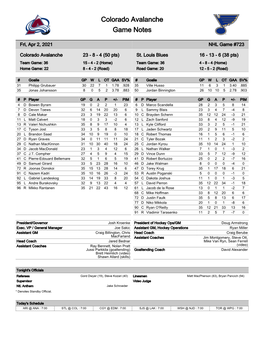 Colorado Avalanche Game Notes