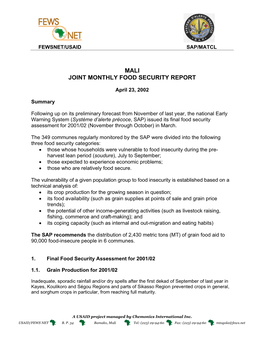 Mali Joint Monthly Food Security Report