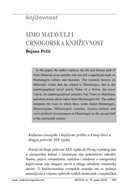 SIMO MATAVULJ I CRNOGORSKA KNJIŽEVNOST Bojana Pržić