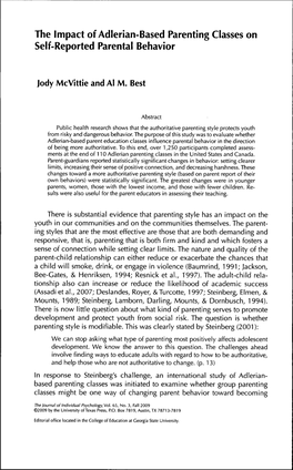 The Impact of Adierian-Based Parenting Classes on Self-Reported Parental Behavior