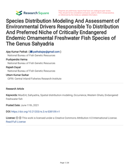 Species Distribution Modeling and Assessment of Environmental