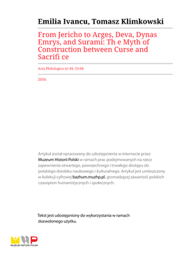 From Jericho to Argeș, Deva, Dynas Emrys, and Surami: Th E Myth of Construction Between Curse and Sacrifi Ce