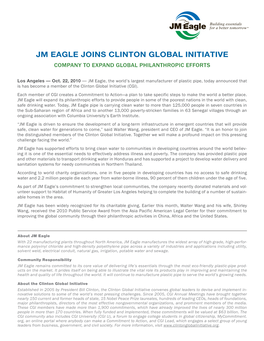 Jm Eagle Joins Clinton Global Initiative Company to Expand Global Philanthropic Efforts