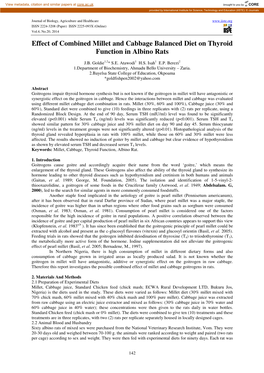 Effect of Combined Millet and Cabbage Balanced Diet on Thyroid Function in Albino Rats