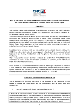 1 Note by the CNCDH Concerning the Examination of France's Fourth