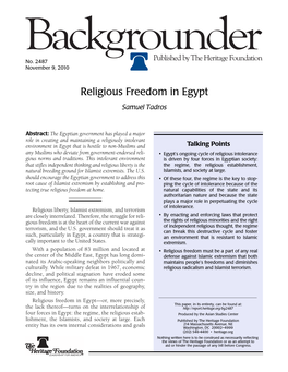 Religious Freedom in Egypt Samuel Tadros