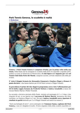 Park Tennis Genova, Lo Scudetto È Realtà Di Redazione 11 Dicembre 2016 – 20:37