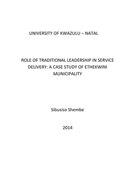 University of Kwazulu – Natal Role of Traditional