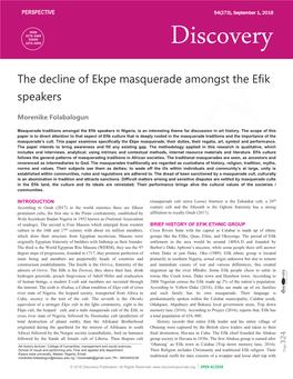 The Decline of Ekpe Masquerade Amongst the Efik Speakers