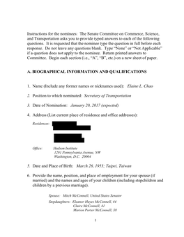 Instructions for the Nominees: the Senate Committee on Commerce, Science, and Transportation Asks You to Provide Typed Answers to Each of the Following Questions