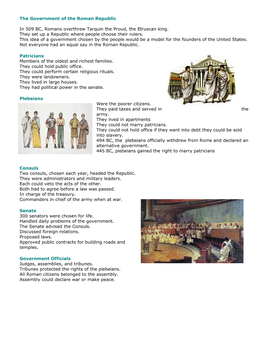 The Government of the Roman Republic in 509 BC, Romans