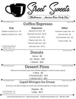 Coffee/Espresso Donuts Dessert Pizza