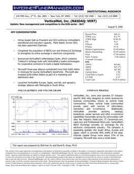 Verticalnet, Inc. (NASDAQ: VERT) Update: New Management and Competition in the B2B Sector - BUY August 9, 2000