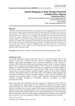 Spatial Mapping of Solar Energy Potentials in Kebbi State, Nigeria