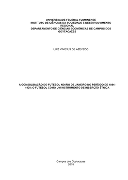 Luiz Vinícius De Azevedo (2018), a Consolidação Do Futebol No Rio De