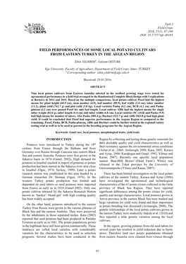 Field Performances of Some Local Potato Cultivars from Eastern Turkey in the Aegean Region